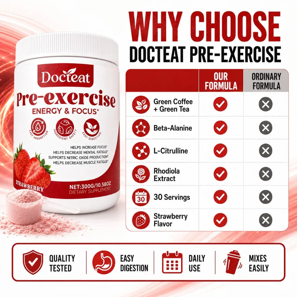 Docteat Pre Workout Powder Strawberry, Energy & Focus Support, Beta-Alanine, L-Citrulline, Rhodiola, 300g, 30 Servings Drink Mix