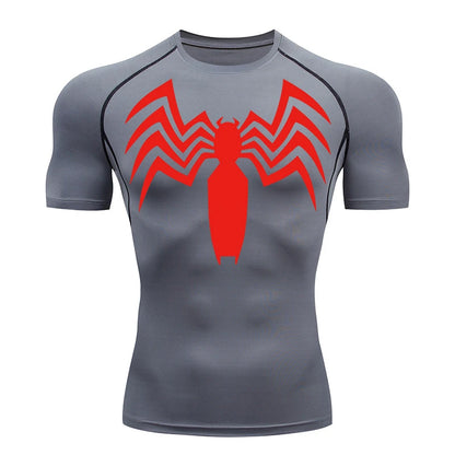 Spider Print Compression Shirts for Men Summer Short Sleeve Rash Guard Gym Workout Running Tshirt Athletic Quick Dry Tees Tops