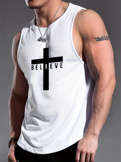 Men's Summer Sports T-Shirt Cross Print Running Tank Top Stretch Quick-Dry Athletic Top Fitness Sports Tank Men's Training Shirt