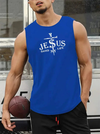 Men's Summer Sports T-Shirt Cross Print Running Tank Top Stretch Quick-Dry Athletic Top Fitness Sports Tank Men's Training Shirt
