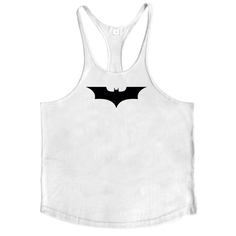 Black Bat Print Cotton Breathable Sport Tank Tops Mens Bodybuilding Sleeveless Y-Back T-shirts Gym Fitness Workout Muscle Vests