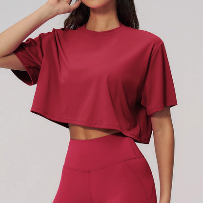 Summer Yoga Short Sleeved Sportswear Top With Exposed Navel Loose Round Neck Short T-shirt Running Gym Short Sleeved Yoga Top