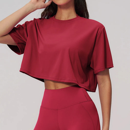 Summer Yoga Short Sleeved Sportswear Top With Exposed Navel Loose Round Neck Short T-shirt Running Gym Short Sleeved Yoga Top