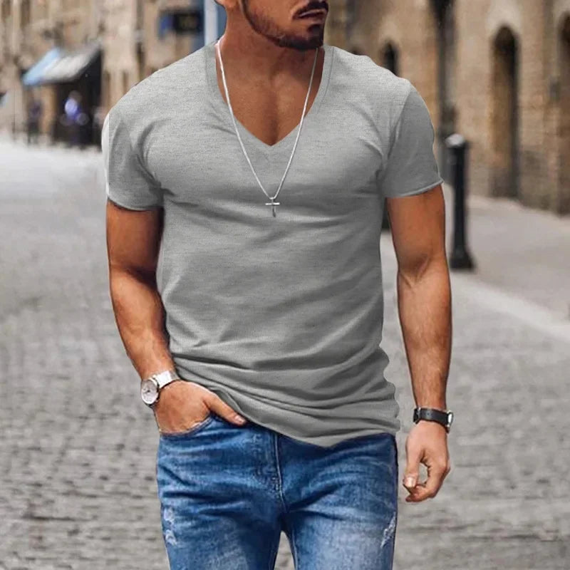 2025 Summer New Fashion Casual V-neck Men Solid Color exercise T-Shirts Men slim Quick-drying breathable thin short sleeve Tops