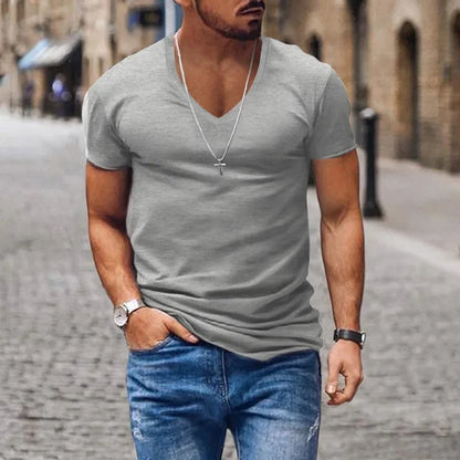 2025 Summer New Fashion Casual V-neck Men Solid Color exercise T-Shirts Men slim Quick-drying breathable thin short sleeve Tops