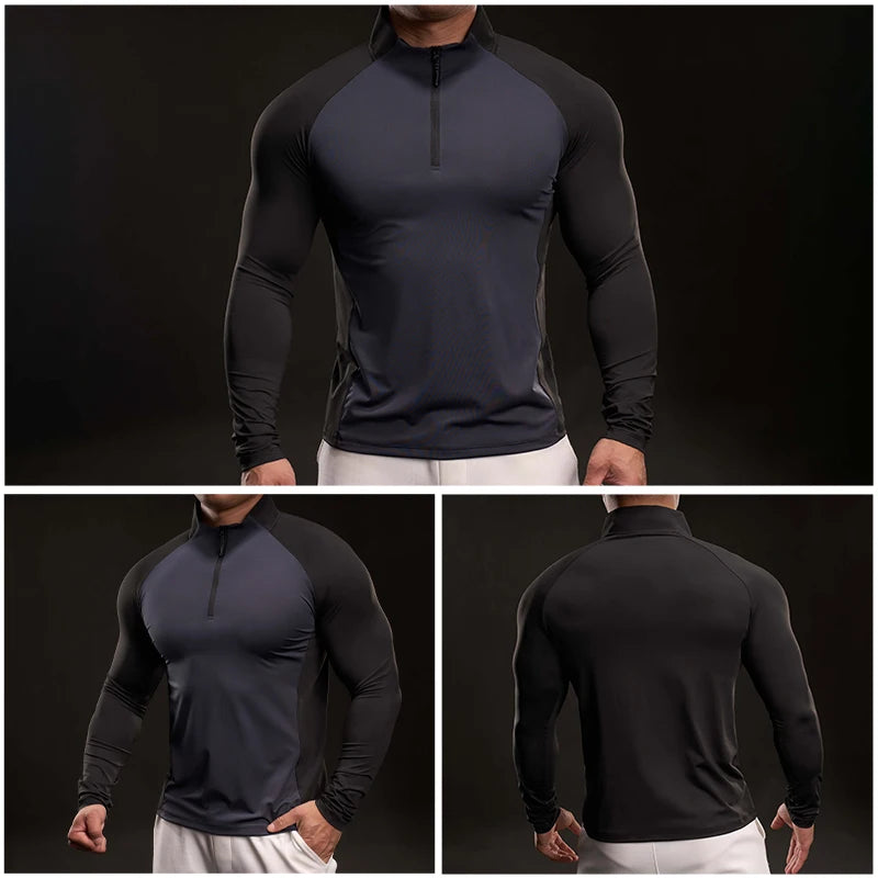Men Fitness Quick Dry Sport Long Sleeves T-shirt Running Fitness Workout Breathable Sportswear Gym Shirt Half Zipper Long Sleeve