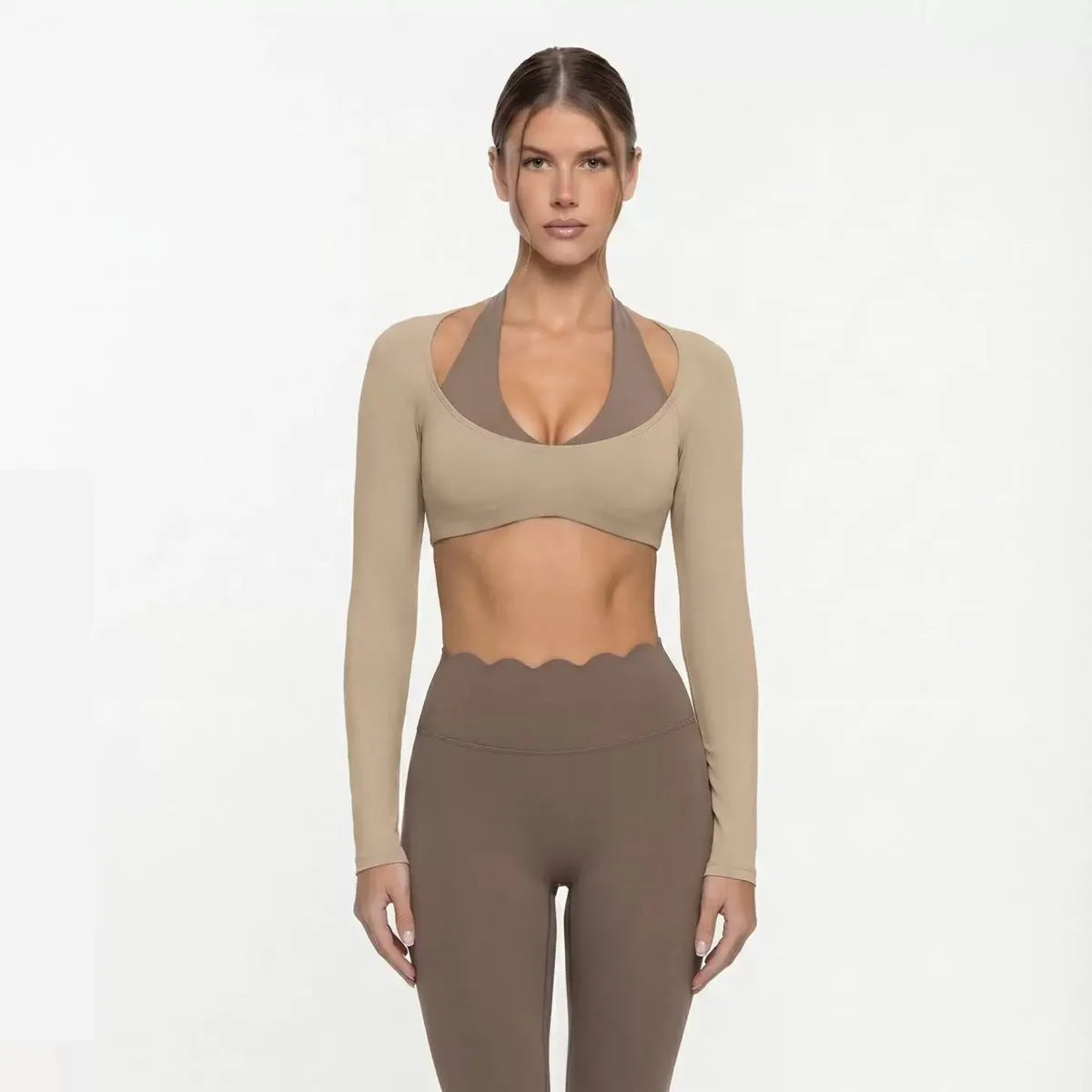 Women's Fake Two-Piece Sports Long Sleeve Halter Neck Pilates Yoga Shirt Slim Fit Fitness Sports Top Leggings Workout Tights