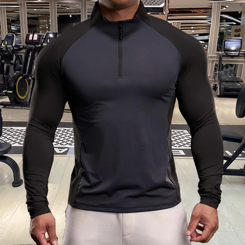 Men Fitness Quick Dry Sport Long Sleeves T-shirt Running Fitness Workout Breathable Sportswear Gym Shirt Half Zipper Long Sleeve