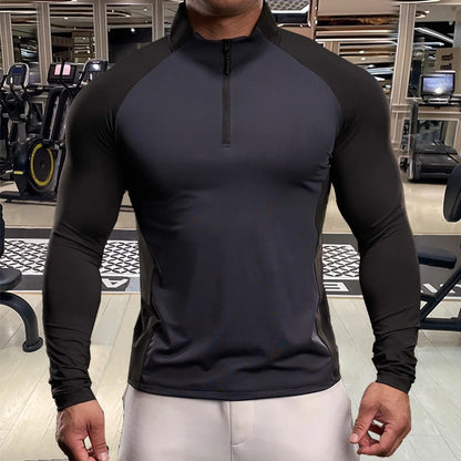 Men Fitness Quick Dry Sport Long Sleeves T-shirt Running Fitness Workout Breathable Sportswear Gym Shirt Half Zipper Long Sleeve