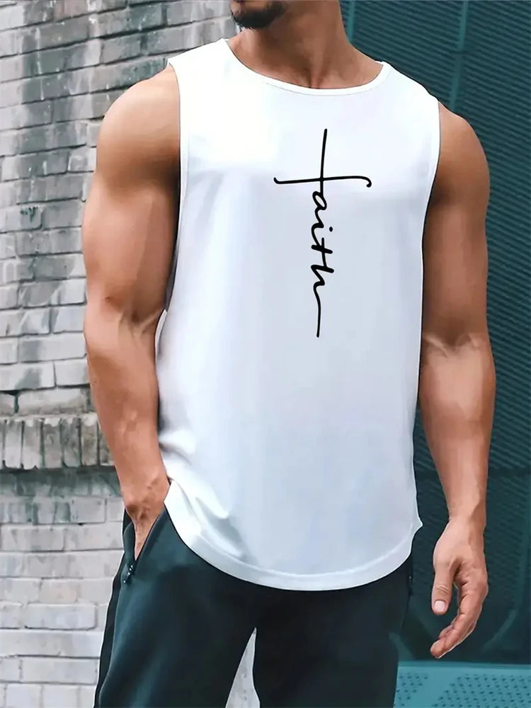 Men's Summer Sports T-Shirt Cross Print Running Tank Top Stretch Quick-Dry Athletic Top Fitness Sports Tank Men's Training Shirt
