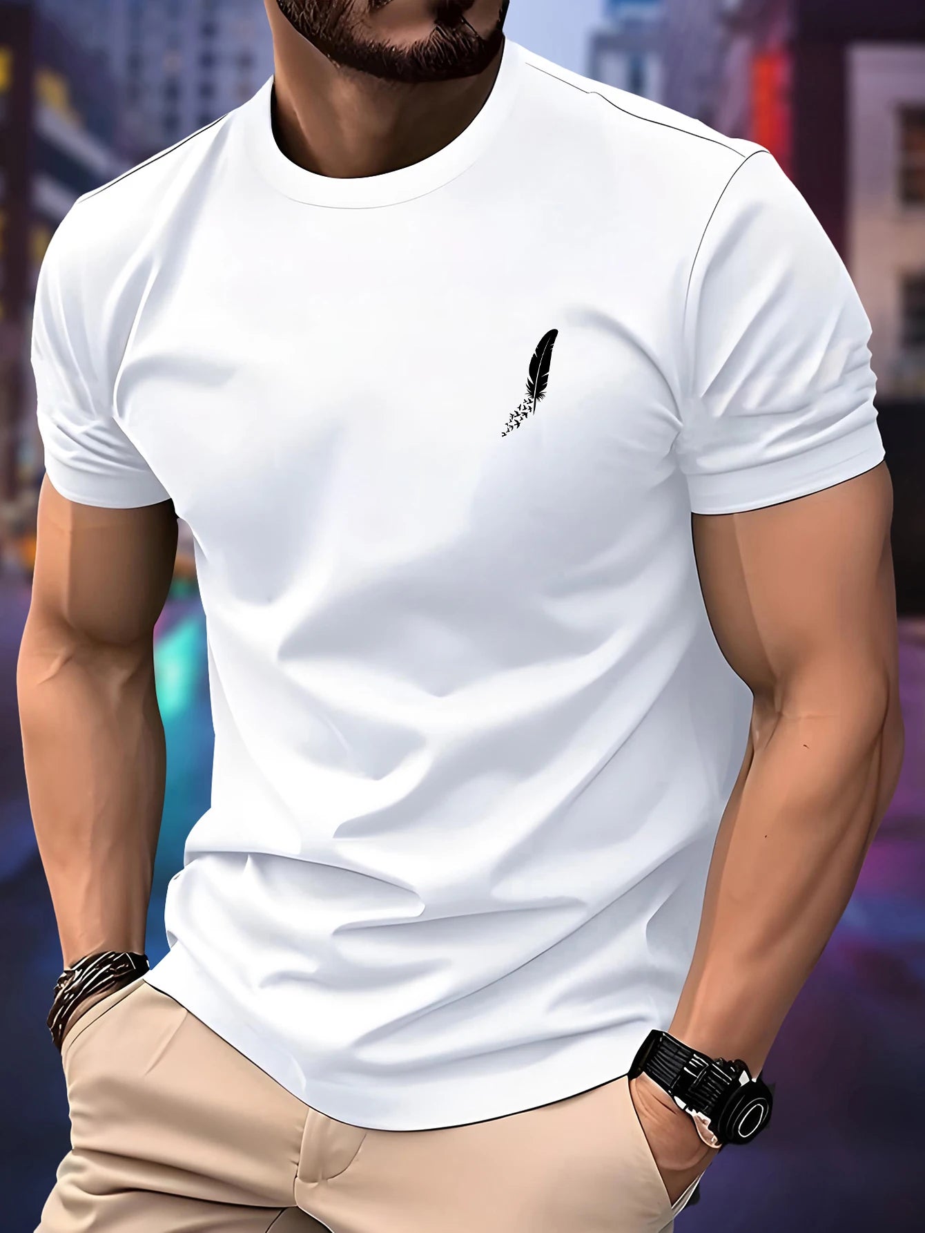 New Round Neck Running T-shirt Men Summer Thin Top Feather print Quick Dry Short Sleeve Breathable Fitness Sports T-shirt Wear