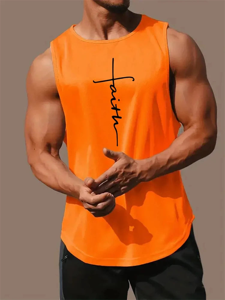 Men's Summer Sports T-Shirt Cross Print Running Tank Top Stretch Quick-Dry Athletic Top Fitness Sports Tank Men's Training Shirt
