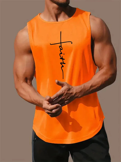 Men's Summer Sports T-Shirt Cross Print Running Tank Top Stretch Quick-Dry Athletic Top Fitness Sports Tank Men's Training Shirt