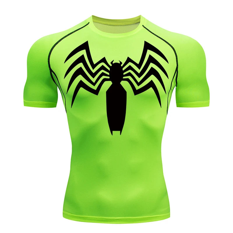 Spider Print Compression Shirts for Men Summer Short Sleeve Rash Guard Gym Workout Running Tshirt Athletic Quick Dry Tees Tops