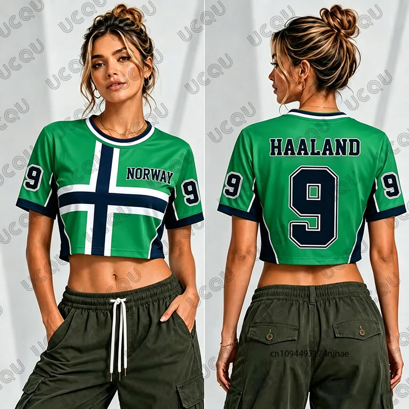 2026 Norway Haaland No.9 Print T-Shirt For Women Summer Short Sleeve Sexy Crop Top Football Jersey Y2k Surfing Tees Casual Tops