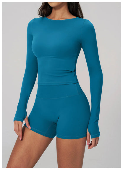 Women's Yoga Long Sleeve Slim Solid Color Fitness Top Gym Exercise Running Shirt Bare Feel Breathable High Elasticity Sports Top