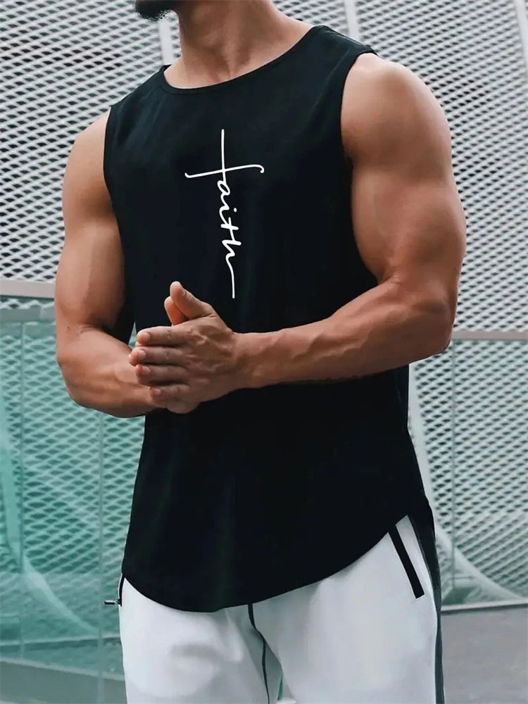 Men's Summer Sports T-Shirt Cross Print Running Tank Top Stretch Quick-Dry Athletic Top Fitness Sports Tank Men's Training Shirt