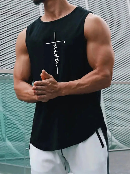Men's Summer Sports T-Shirt Cross Print Running Tank Top Stretch Quick-Dry Athletic Top Fitness Sports Tank Men's Training Shirt