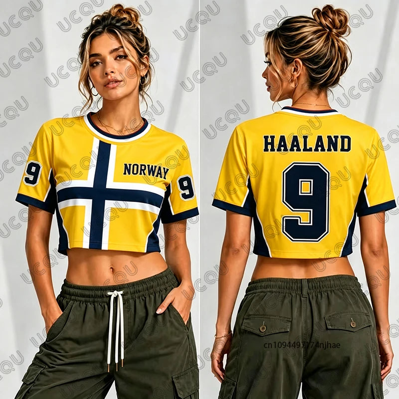 2026 Norway Haaland No.9 Print T-Shirt For Women Summer Short Sleeve Sexy Crop Top Football Jersey Y2k Surfing Tees Casual Tops
