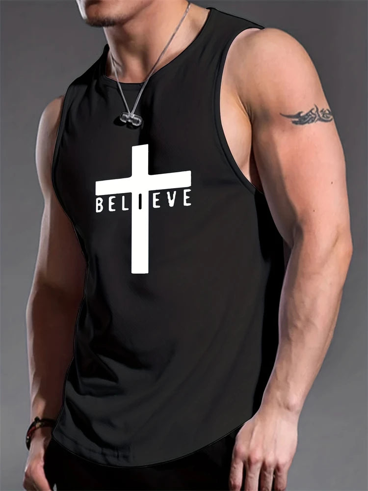 Men's Summer Sports T-Shirt Cross Print Running Tank Top Stretch Quick-Dry Athletic Top Fitness Sports Tank Men's Training Shirt