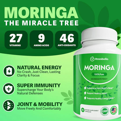 Moringa Capsules - Pure Moringa Powder, Energy, Skin, Immune & Gut Health, Rich in Antioxidant, Essential Vitamins & Amino Acids