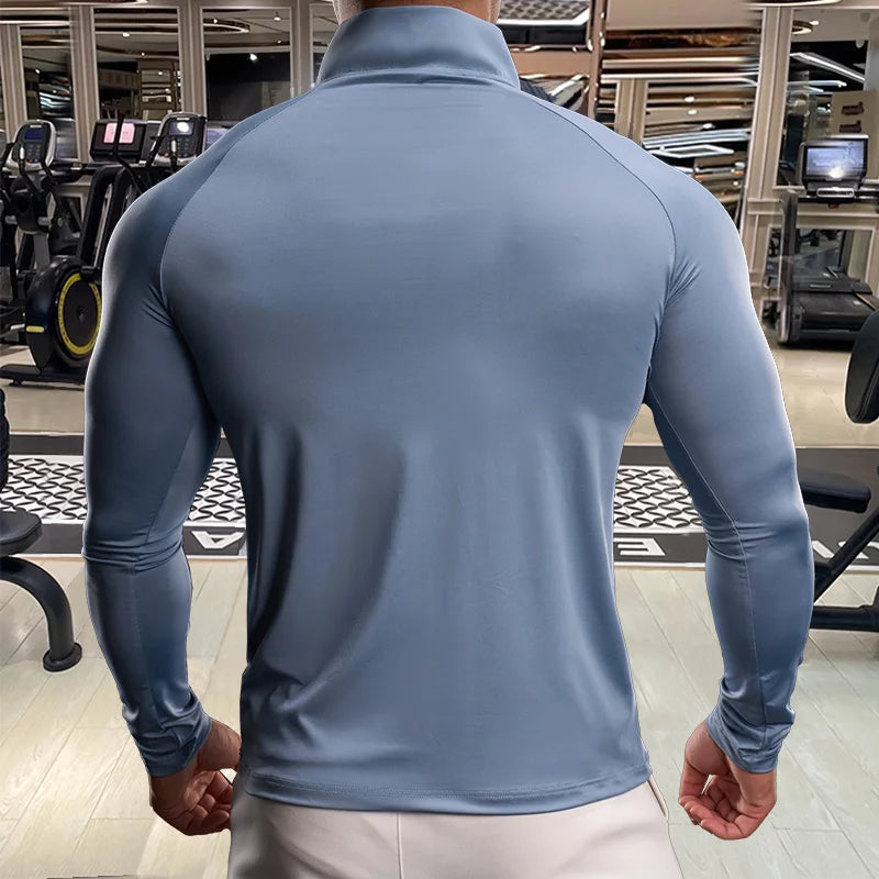 Men Fitness Quick Dry Sport Long Sleeves T-shirt Running Fitness Workout Breathable Sportswear Gym Shirt Half Zipper Long Sleeve