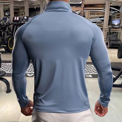 Men Fitness Quick Dry Sport Long Sleeves T-shirt Running Fitness Workout Breathable Sportswear Gym Shirt Half Zipper Long Sleeve