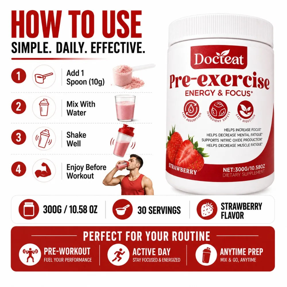 Docteat Pre Workout Powder Strawberry, Energy & Focus Support, Beta-Alanine, L-Citrulline, Rhodiola, 300g, 30 Servings Drink Mix