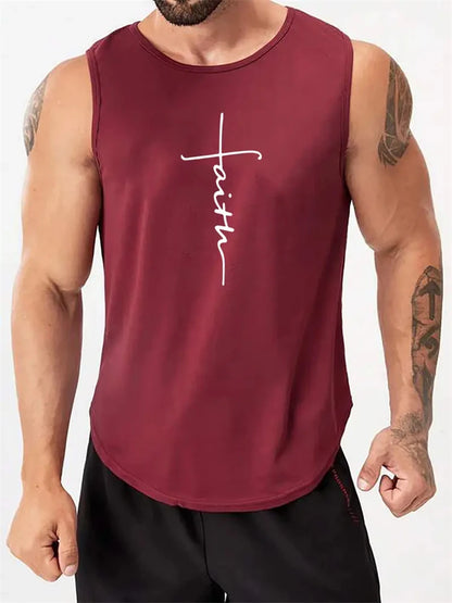 Men's Summer Sports T-Shirt Cross Print Running Tank Top Stretch Quick-Dry Athletic Top Fitness Sports Tank Men's Training Shirt