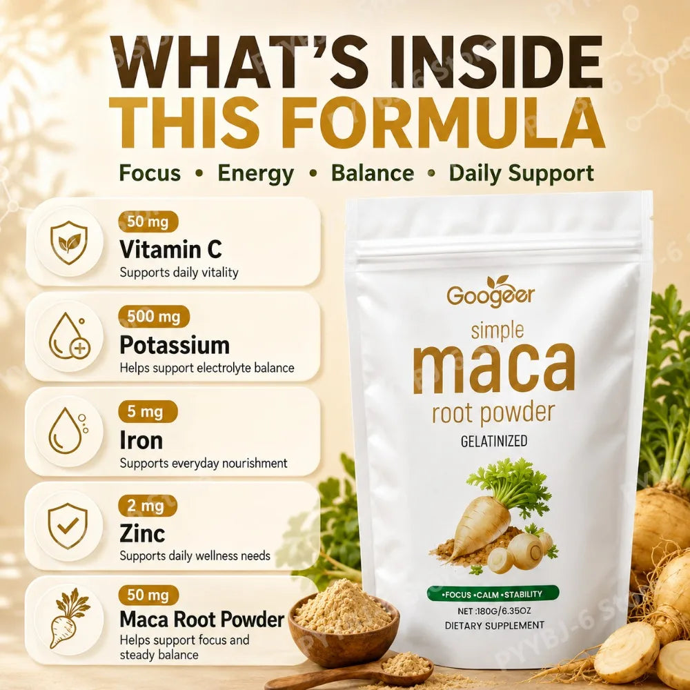 Googeer Maca Root Powder 180g Gelatinized Dietary Supplement Energy Focus Calm Balance Support Vitamin C Potassium Zinc Iron Mix