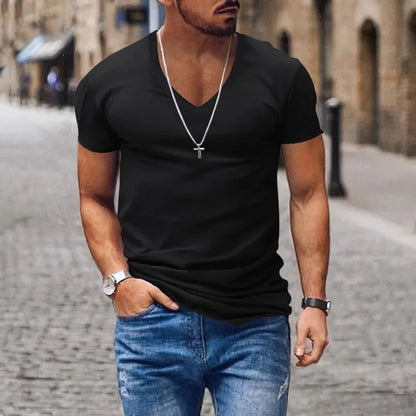 2025 Summer New Fashion Casual V-neck Men Solid Color exercise T-Shirts Men slim Quick-drying breathable thin short sleeve Tops