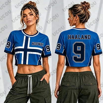 2026 Norway Haaland No.9 Print T-Shirt For Women Summer Short Sleeve Sexy Crop Top Football Jersey Y2k Surfing Tees Casual Tops