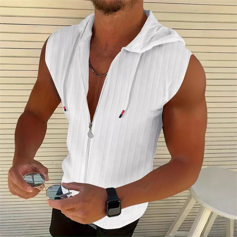 5 colors available for men's hooded sleeveless zipper plaid men's sportswear Slim fit breathable men's casual breathable shirt