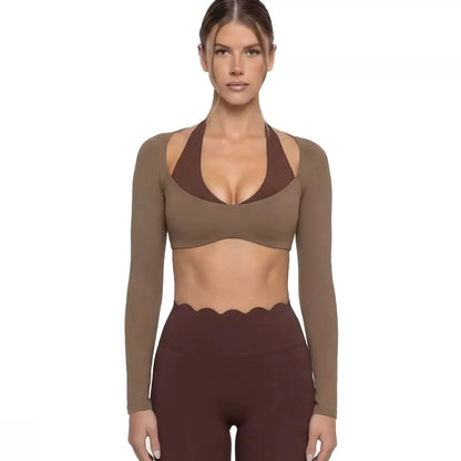 Women's Fake Two-Piece Sports Long Sleeve Halter Neck Pilates Yoga Shirt Slim Fit Fitness Sports Top Leggings Workout Tights