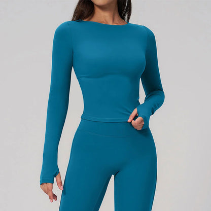 Women's Yoga Long Sleeve Slim Solid Color Fitness Top Gym Exercise Running Shirt Bare Feel Breathable High Elasticity Sports Top