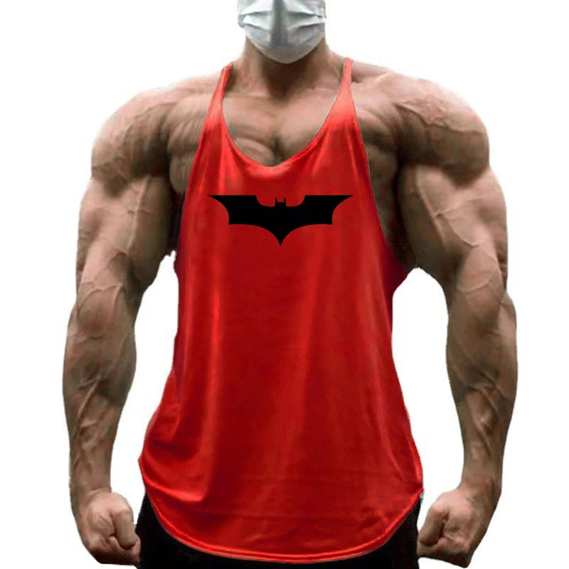 Black Bat Print Cotton Breathable Sport Tank Tops Mens Bodybuilding Sleeveless Y-Back T-shirts Gym Fitness Workout Muscle Vests