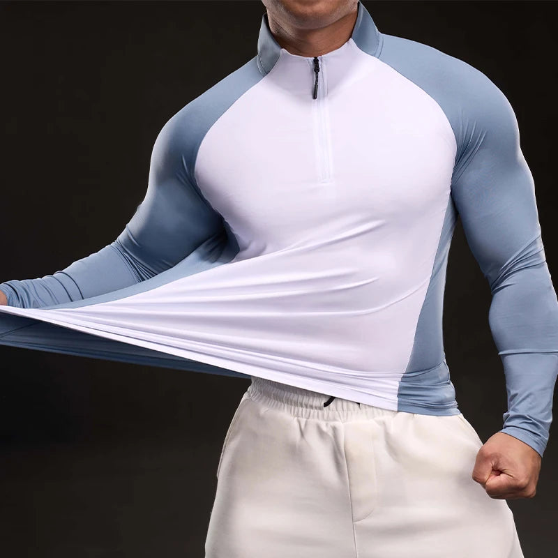 Men Fitness Quick Dry Sport Long Sleeves T-shirt Running Fitness Workout Breathable Sportswear Gym Shirt Half Zipper Long Sleeve
