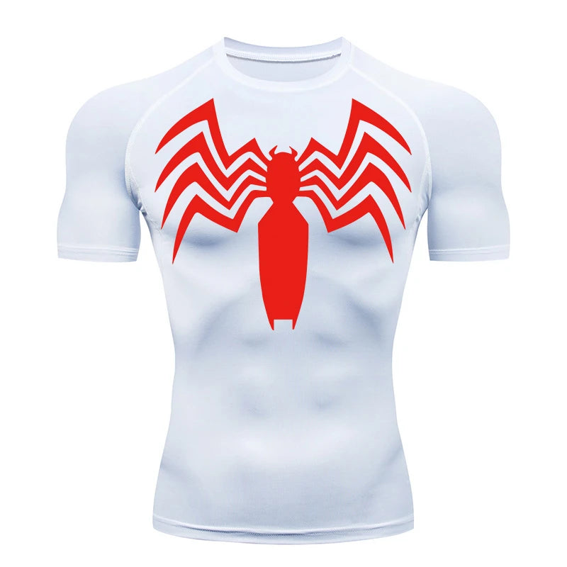 Spider Print Compression Shirts for Men Summer Short Sleeve Rash Guard Gym Workout Running Tshirt Athletic Quick Dry Tees Tops