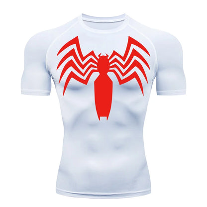 Spider Print Compression Shirts for Men Summer Short Sleeve Rash Guard Gym Workout Running Tshirt Athletic Quick Dry Tees Tops