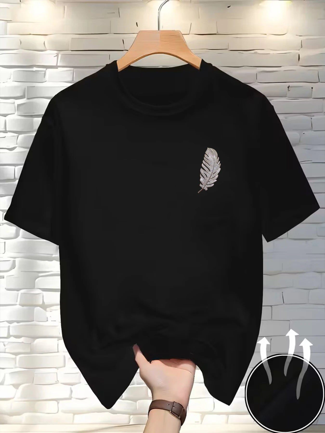 New Round Neck Running T-shirt Men Summer Thin Top Feather print Quick Dry Short Sleeve Breathable Fitness Sports T-shirt Wear