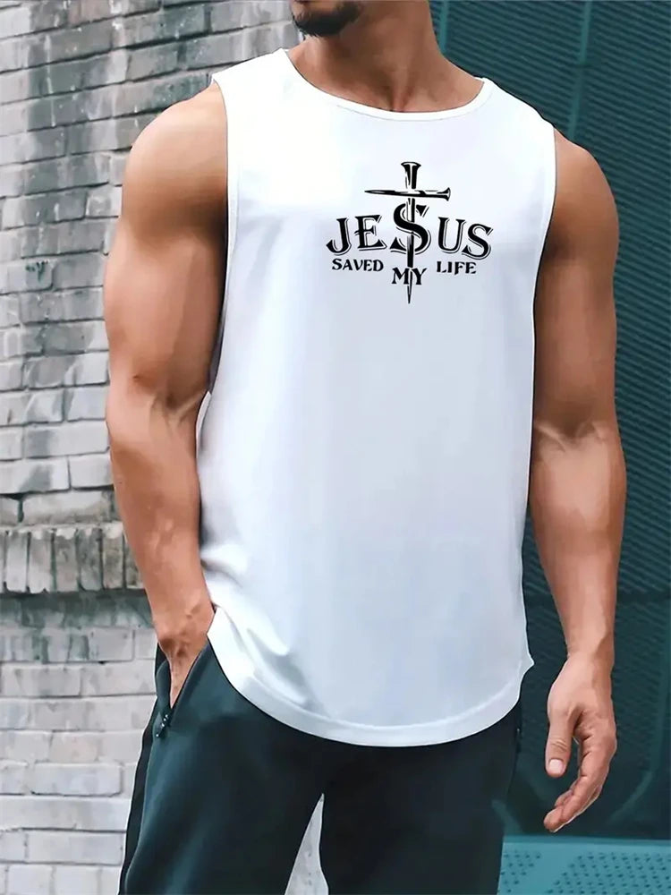 Men's Summer Sports T-Shirt Cross Print Running Tank Top Stretch Quick-Dry Athletic Top Fitness Sports Tank Men's Training Shirt