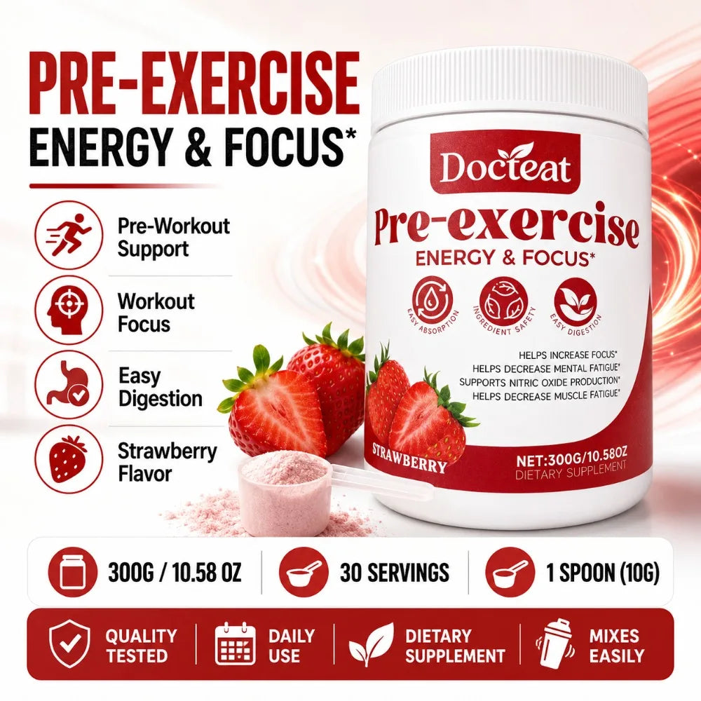 Docteat Pre Workout Powder Strawberry, Energy & Focus Support, Beta-Alanine, L-Citrulline, Rhodiola, 300g, 30 Servings Drink Mix