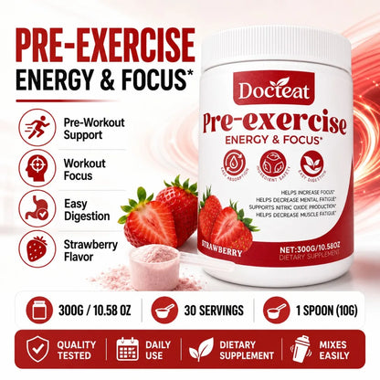 Docteat Pre Workout Powder Strawberry, Energy & Focus Support, Beta-Alanine, L-Citrulline, Rhodiola, 300g, 30 Servings Drink Mix