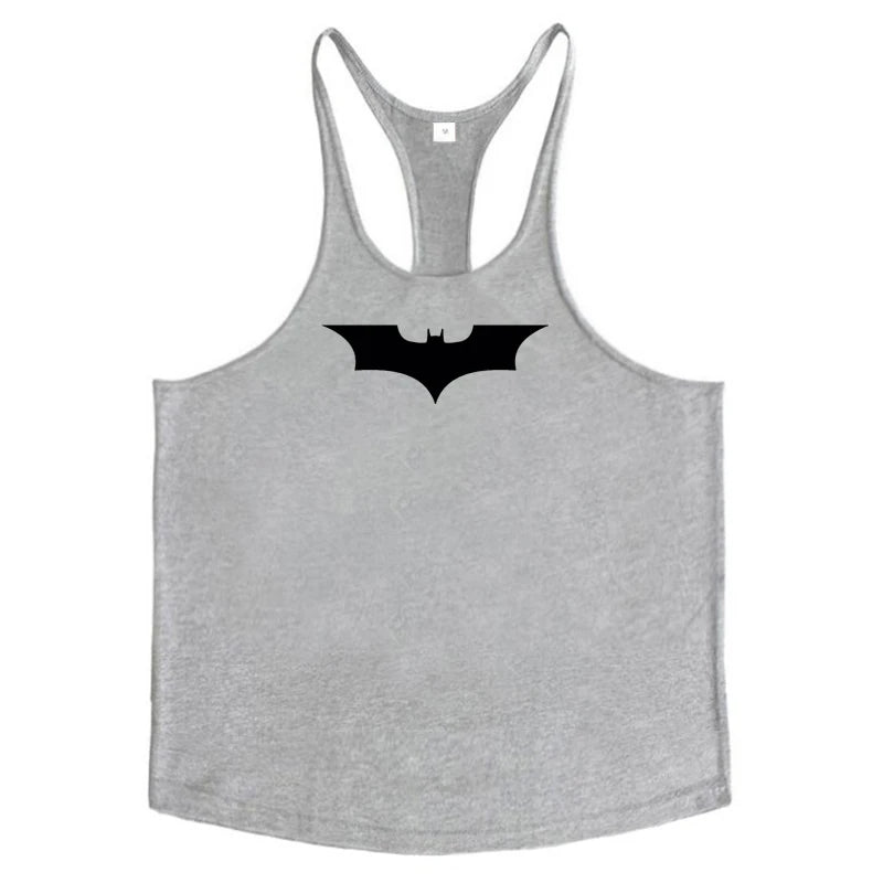 Black Bat Print Cotton Breathable Sport Tank Tops Mens Bodybuilding Sleeveless Y-Back T-shirts Gym Fitness Workout Muscle Vests