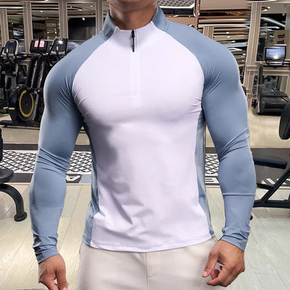 Men Fitness Quick Dry Sport Long Sleeves T-shirt Running Fitness Workout Breathable Sportswear Gym Shirt Half Zipper Long Sleeve