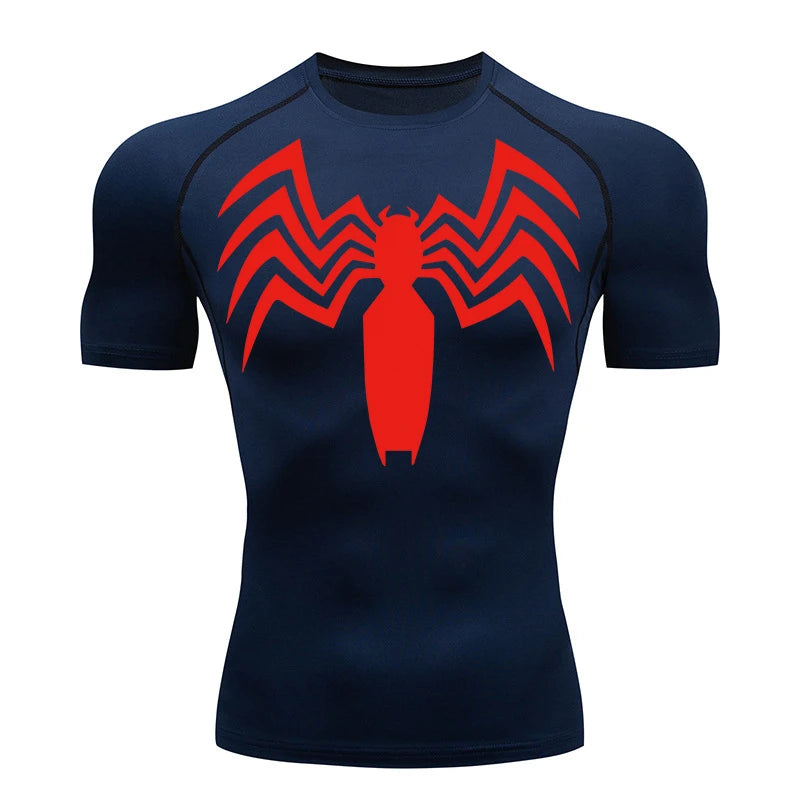 Spider Print Compression Shirts for Men Summer Short Sleeve Rash Guard Gym Workout Running Tshirt Athletic Quick Dry Tees Tops