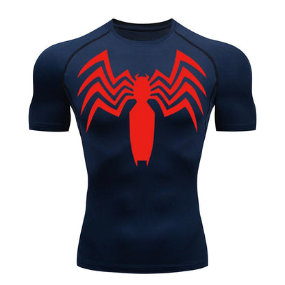 Spider Print Compression Shirts for Men Summer Short Sleeve Rash Guard Gym Workout Running Tshirt Athletic Quick Dry Tees Tops