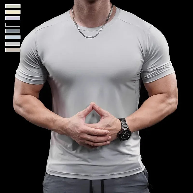 Summer New Basketball Men's Running Training Sports Gym Fitness High Elastic Quick-drying Casual Short-sleeved T-shirt Tops