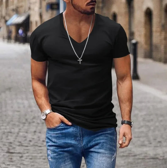 2025 Summer New Fashion Casual V-neck Men Solid Color exercise T-Shirts Men slim Quick-drying breathable thin short sleeve Tops