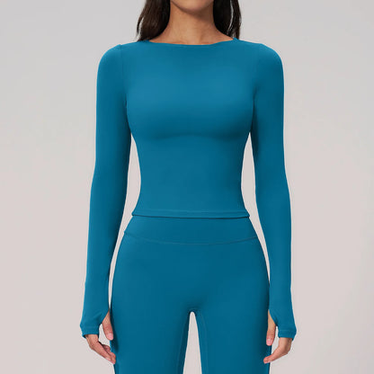 Women's Yoga Long Sleeve Slim Solid Color Fitness Top Gym Exercise Running Shirt Bare Feel Breathable High Elasticity Sports Top